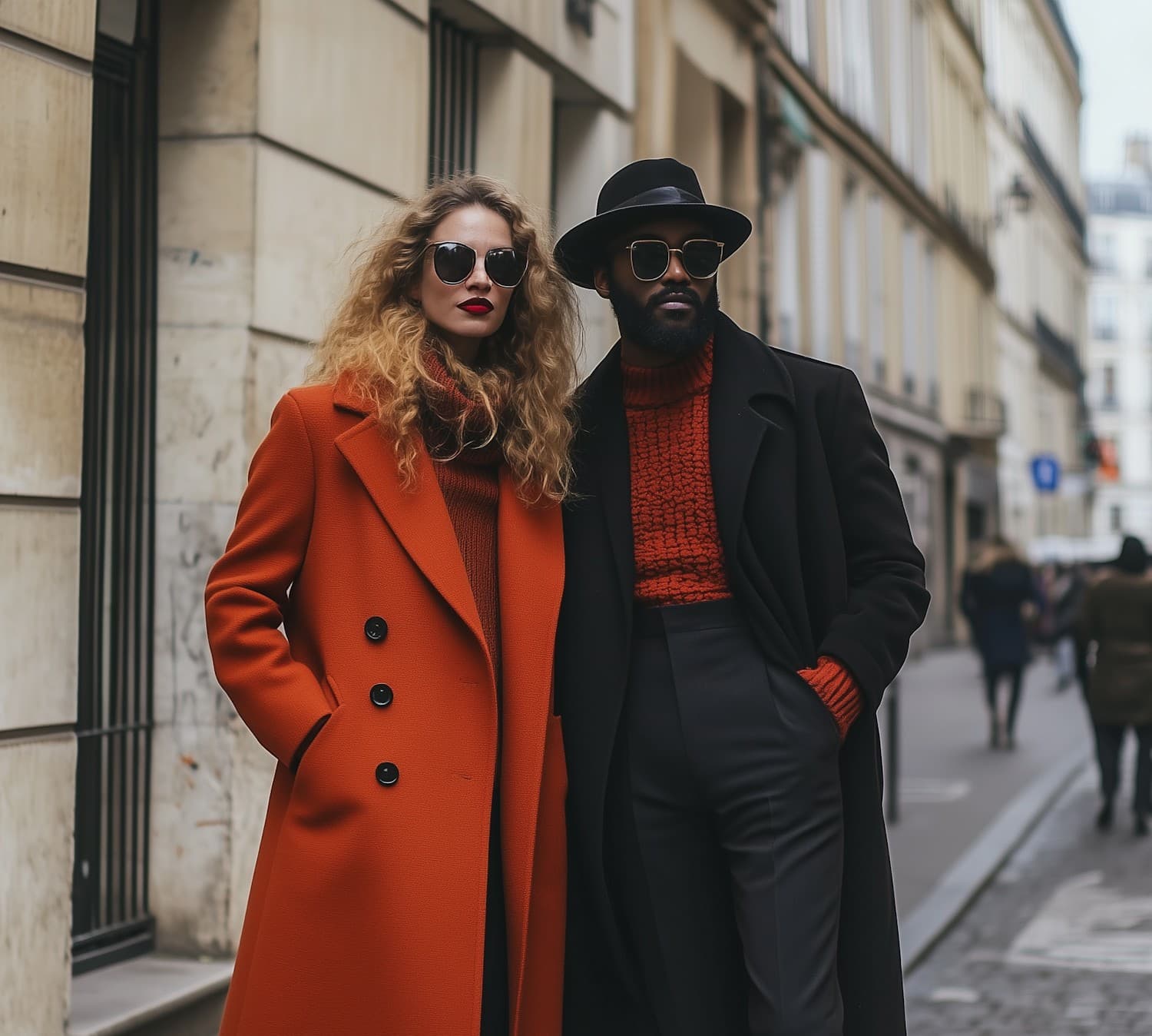 Stylish couple in sunglasses on a Paris street, she in a burnt orange coat and he in black